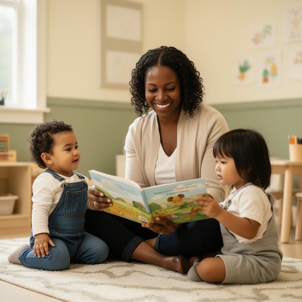 A warm teacher reading a picture book with two young children of different ethnicities on a soft classroom rug