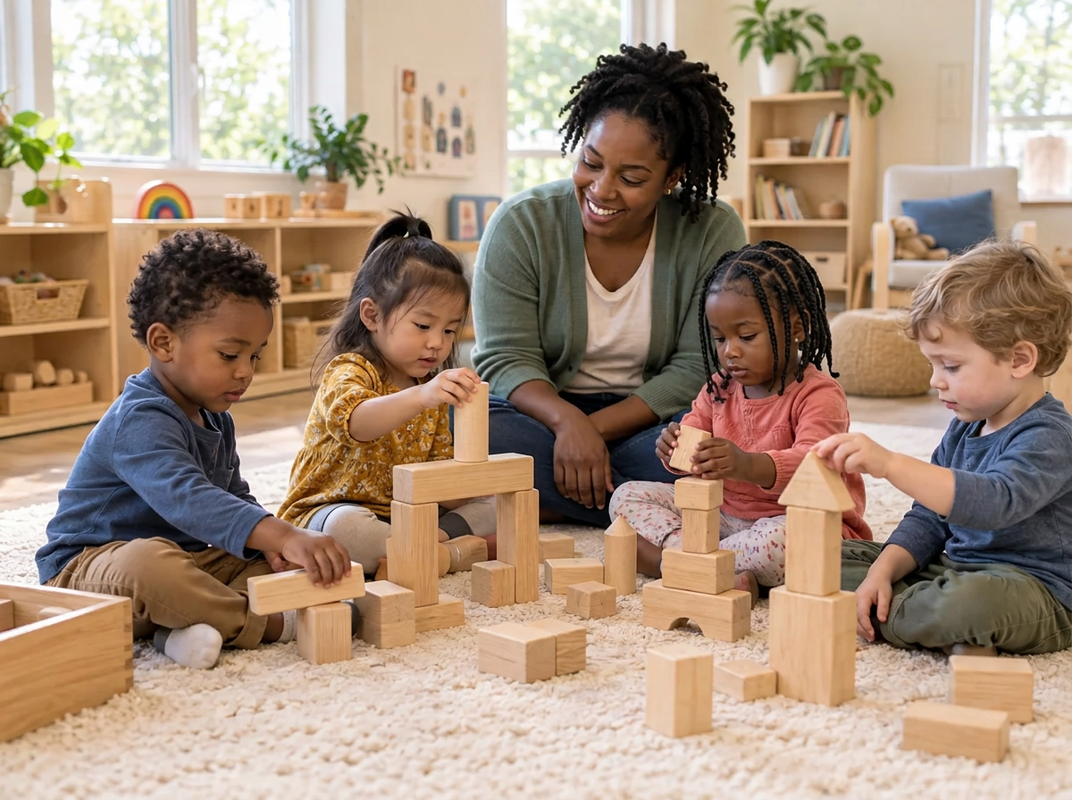Young children building with wooden blocks on a classroom rug, supervised by an attentive teacher