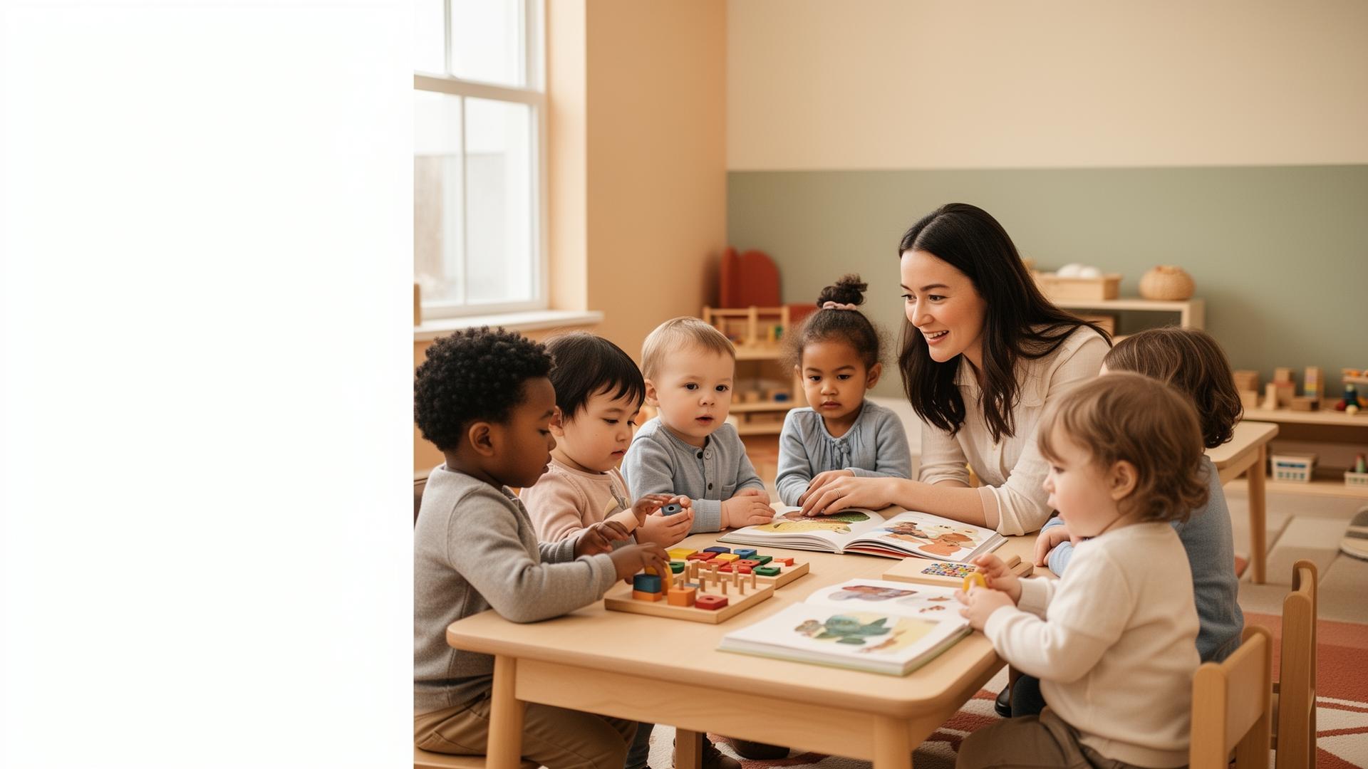 Diverse small group of toddlers and preschoolers gathered with their teacher at a low table with picture books and wooden learning toys in a warm, sunlit classroom